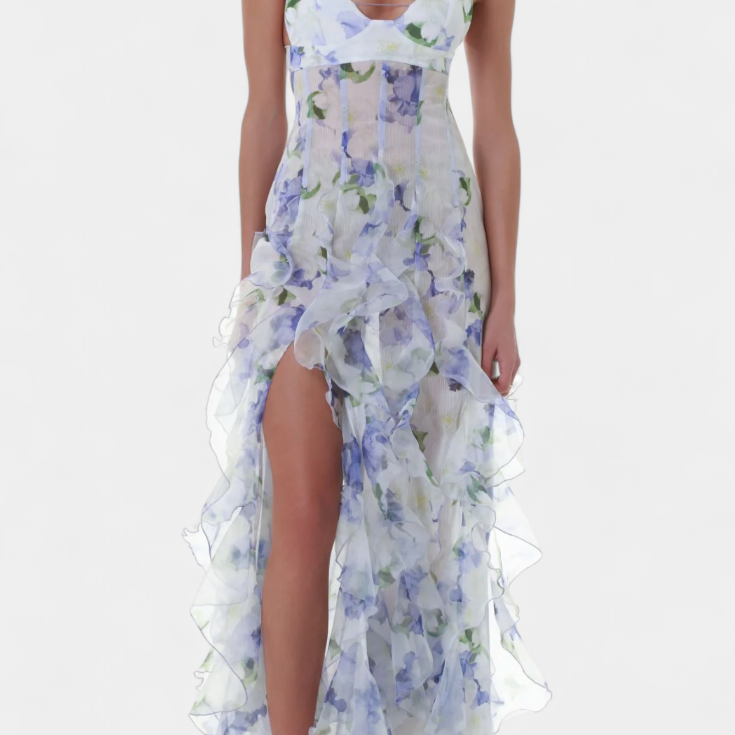 Bonnie Vestido Maxi con Volantes Florales y Corte Lateral