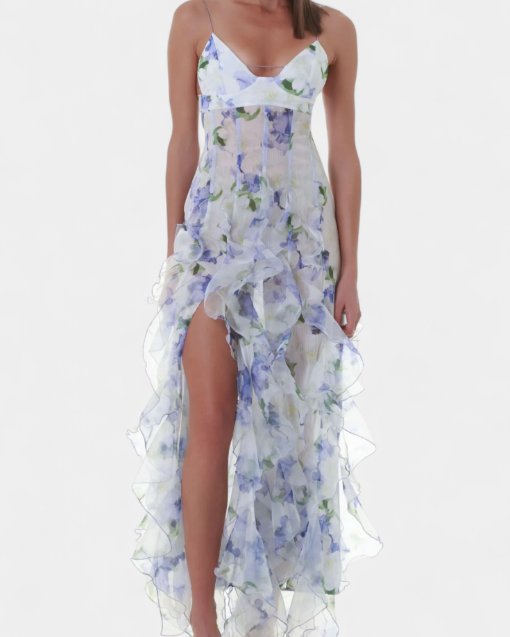 Bonnie Vestido Maxi con Volantes Florales y Corte Lateral