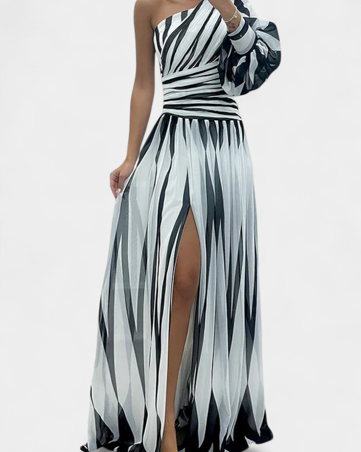 Bethania | Vestido Maxí Elegante de Rayas con Un Solo Hombro