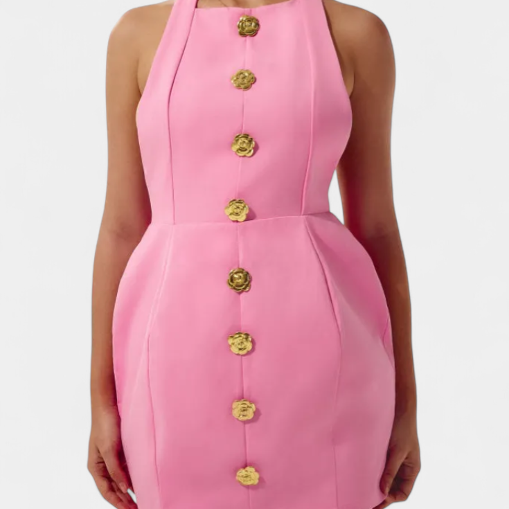 Yvonne Vestido Mini Escote Halter con Espalda Abierta y Detalle Floral