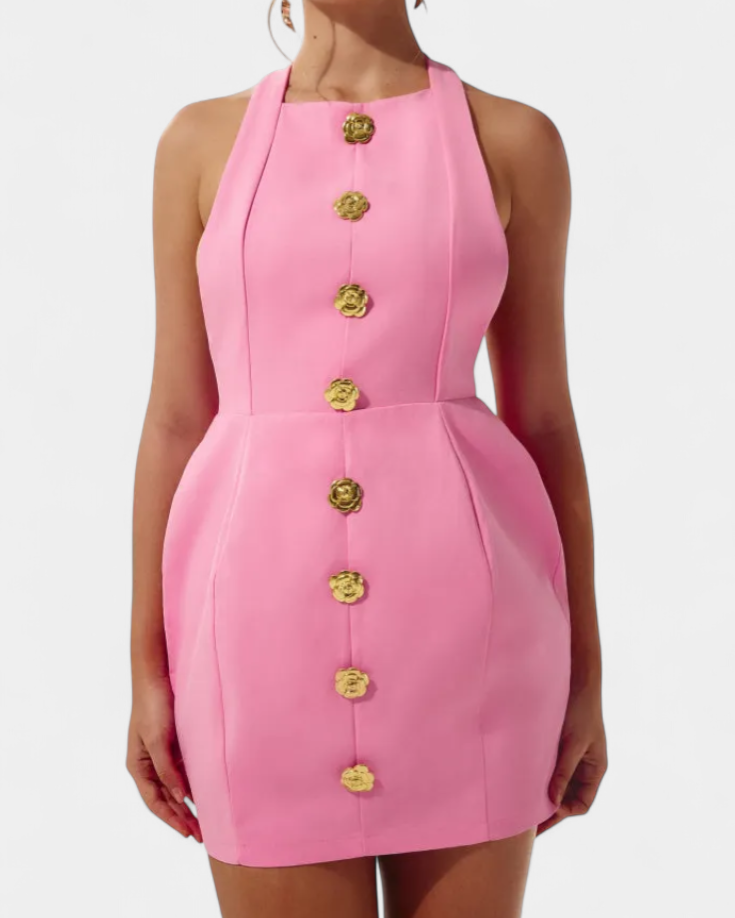 Yvonne Vestido Mini Escote Halter con Espalda Abierta y Detalle Floral