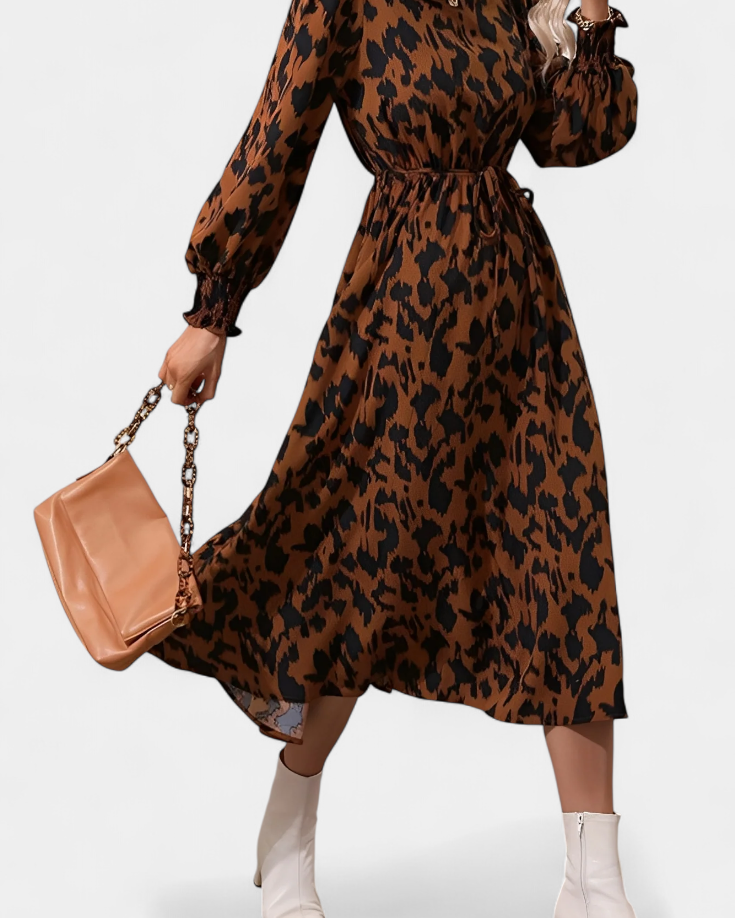 Nerin Vestido A-Line de Leopardo con Cintura Ajustable