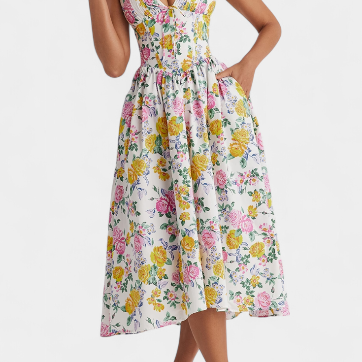 Margie Vestido Midi de Escote en V y Estampado Floral Romántico