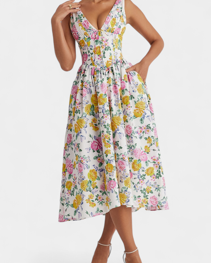 Margie Vestido Midi de Escote en V y Estampado Floral Romántico