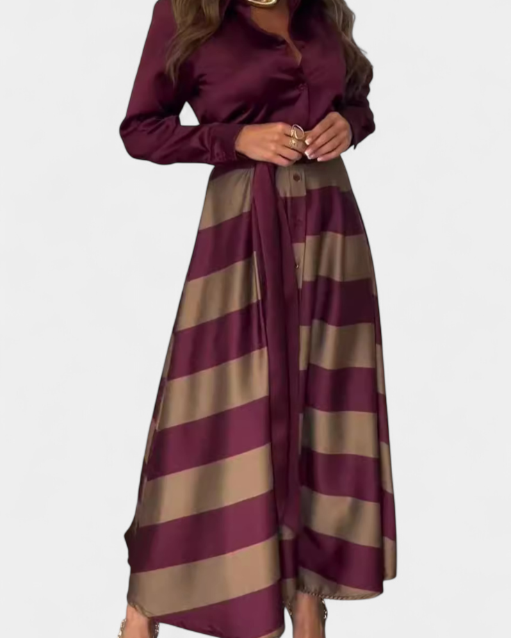Nessia Vestido Camisero Largo a Rayas con Cinturón