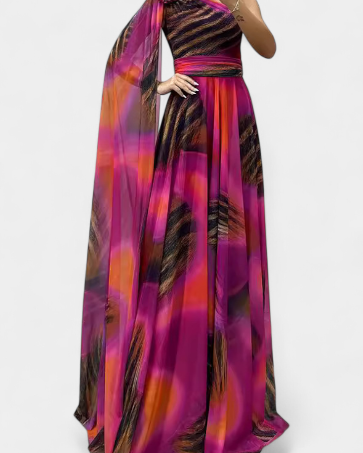 Cedara | Vestido Largo de Un Hombro con Detalle Floral