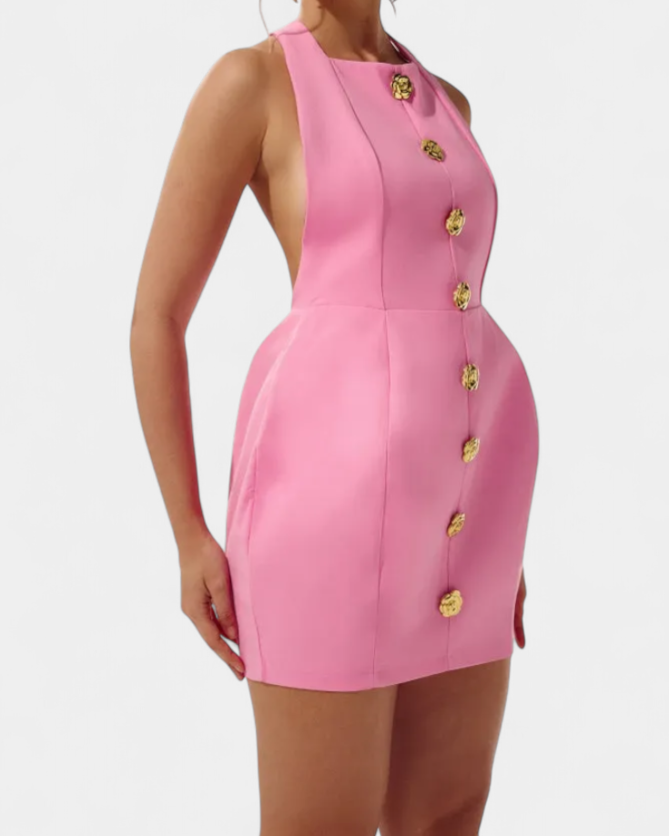 Yvonne Vestido Mini Escote Halter con Espalda Abierta y Detalle Floral
