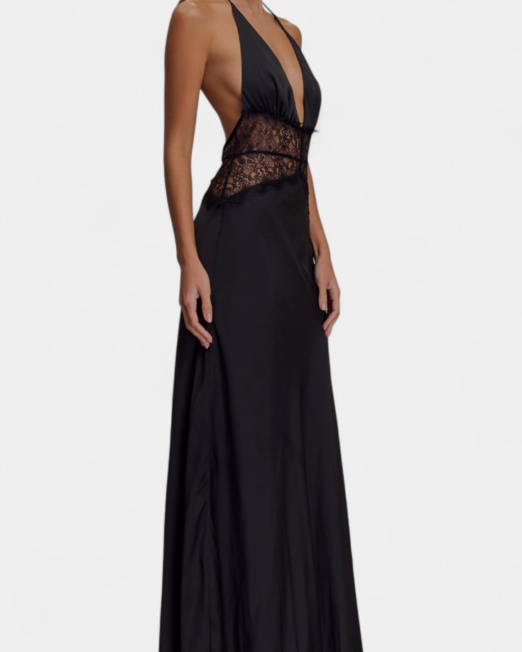 Ashanty Vestido Largo con Escote Halter y Cintura de Encaje Transparente