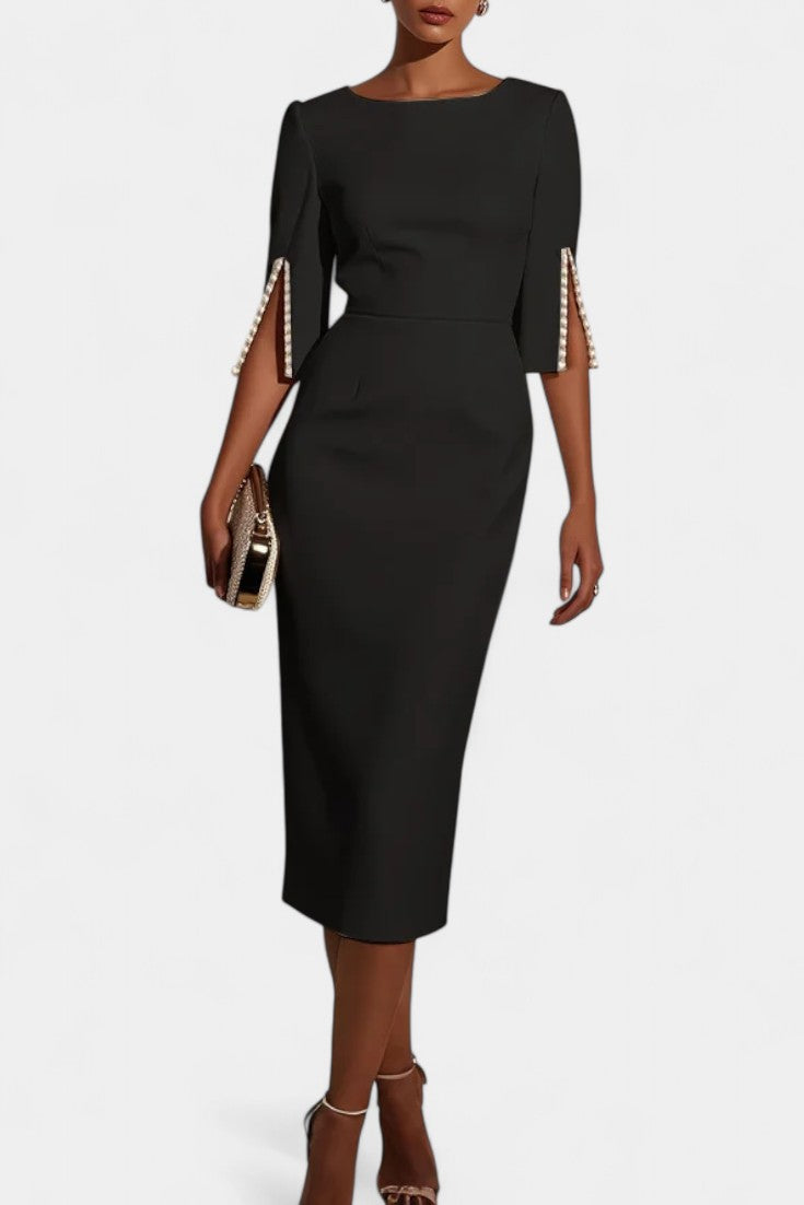 Reece Vestido Midi con Perlas y Cuello Redondo