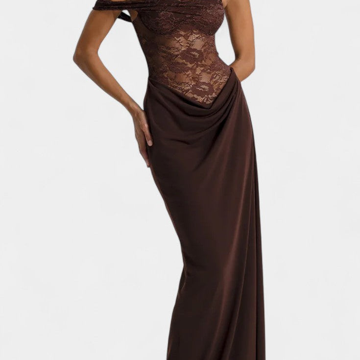 Castanza Vestido Maxi Asimétrico de Encaje con Dobladillo