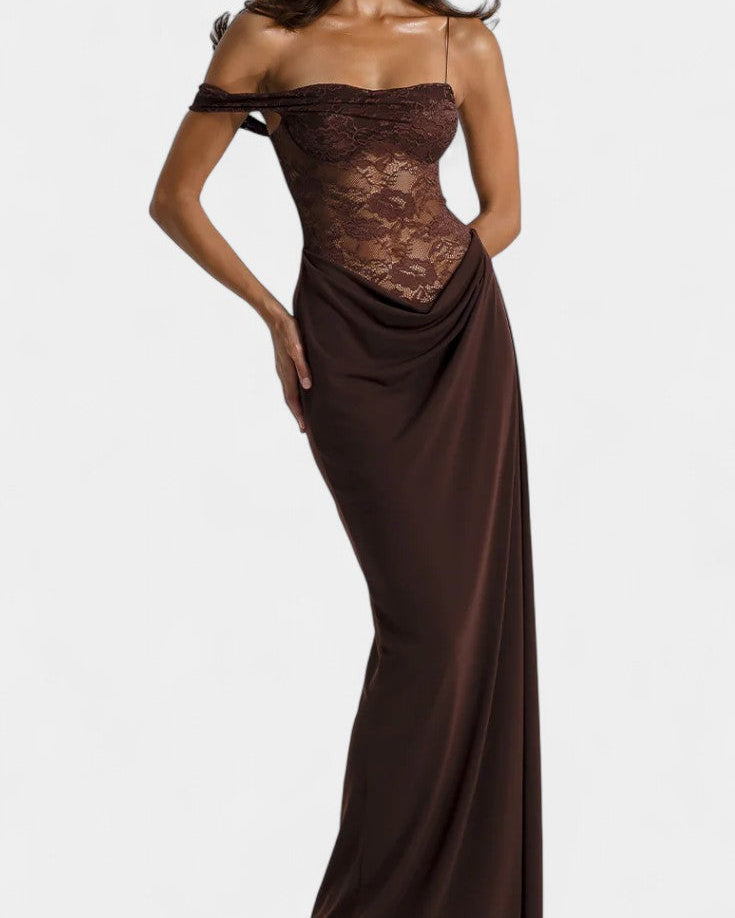 Castanza Vestido Maxi Asimétrico de Encaje con Dobladillo