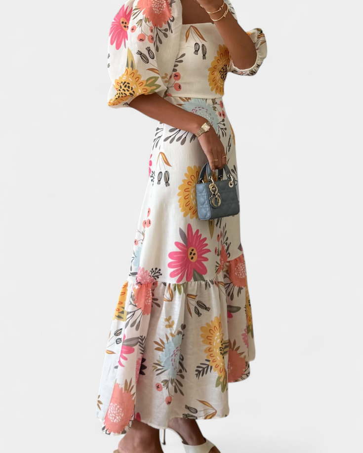 Kacey Vestido Midi de Algodón con Estampado Floral y Manga Abullonada