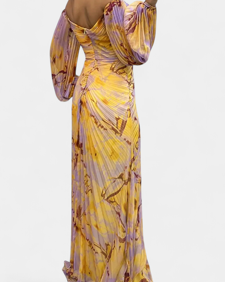 Quintessa | Vestido Maxi Plisado con Mangas Largas y Estampado Vibrante
