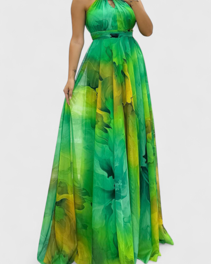 Caprice | Vestido Maxi de Gasa con Estampado Floral y Cuello Halter