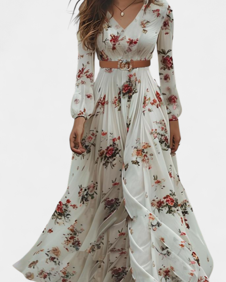 Amanda Vestido Maxi Floral con Cuello en V y Mangas Largas