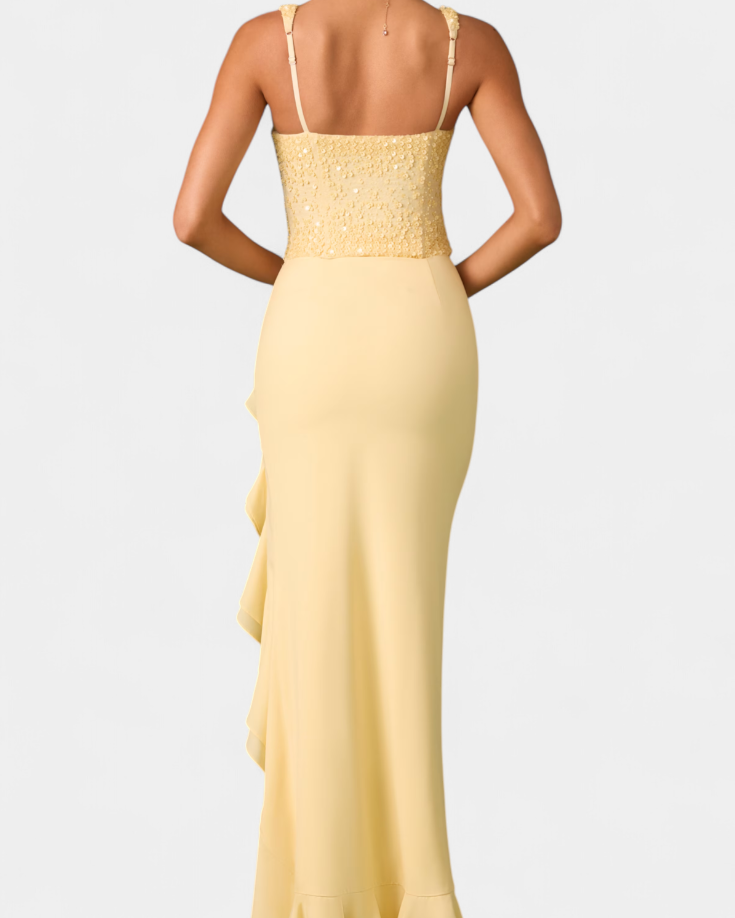 Cindy Vestido Midi Corsé con Volantes Asimétricos