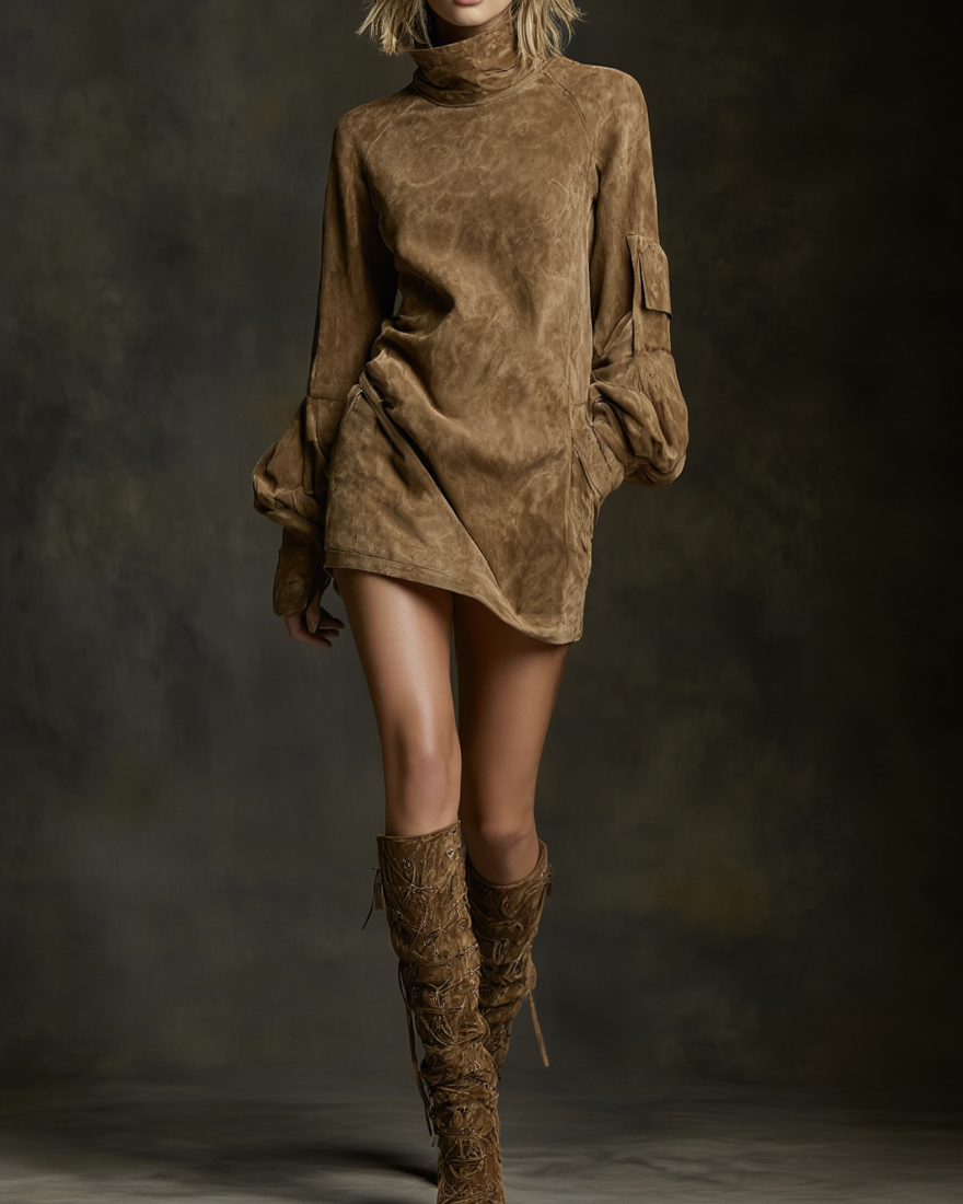 Livia ❘ Vestido mini oversize de ante con cuello alto