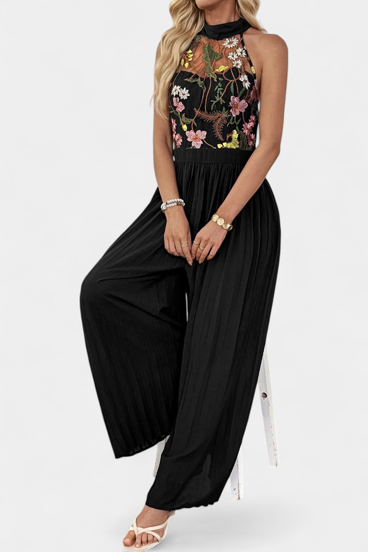 Maruja | Mono Palazzo con Bordado Floral y Encaje Transparente