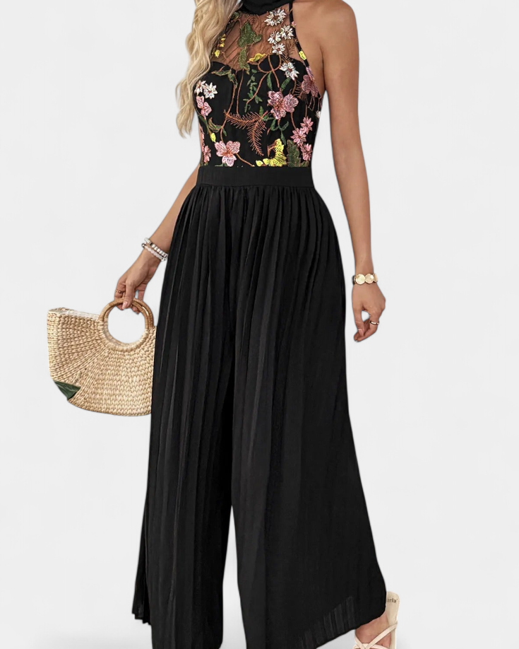 Maruja | Mono Palazzo con Bordado Floral y Encaje Transparente