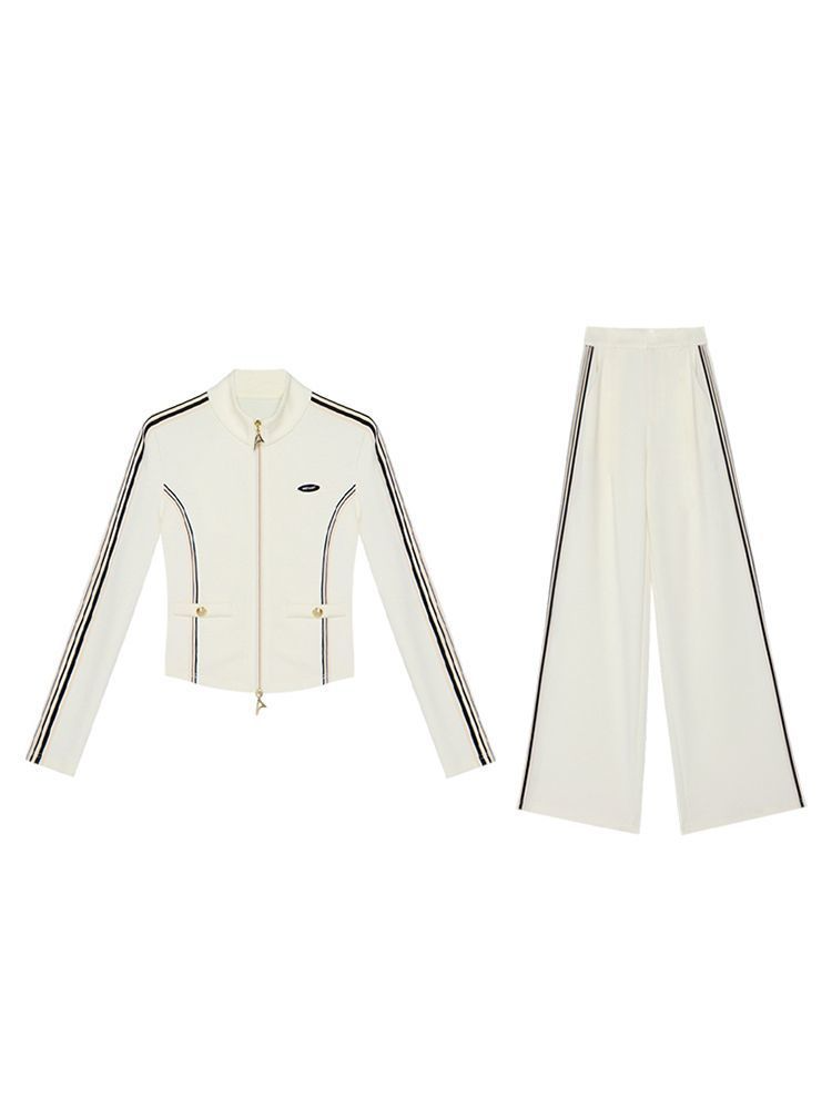 Conjunto Blanco con Cremallera y Pantalón de Pierna Ancha