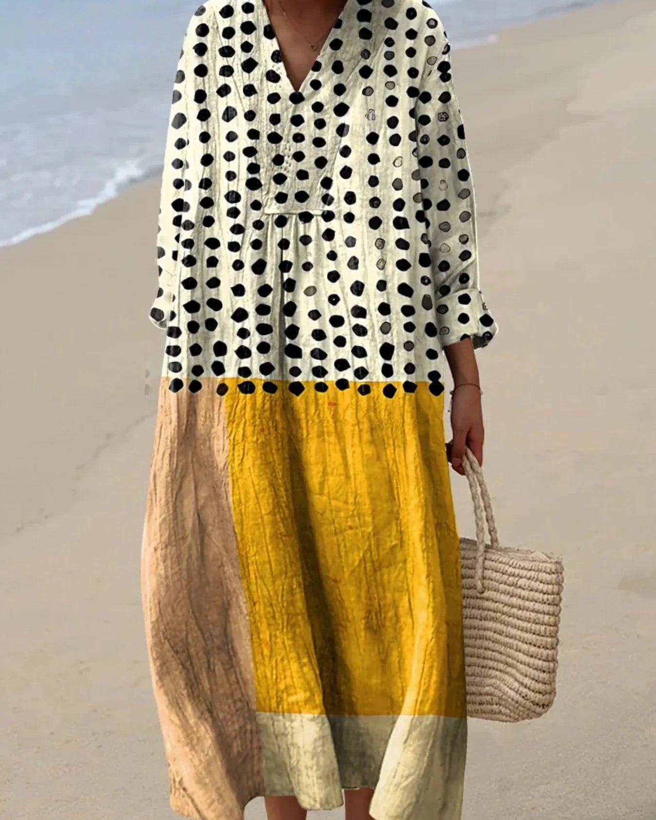 Vestido Flowy de Arte Acuarela con Puntos en Color Amarillo para Mujeres