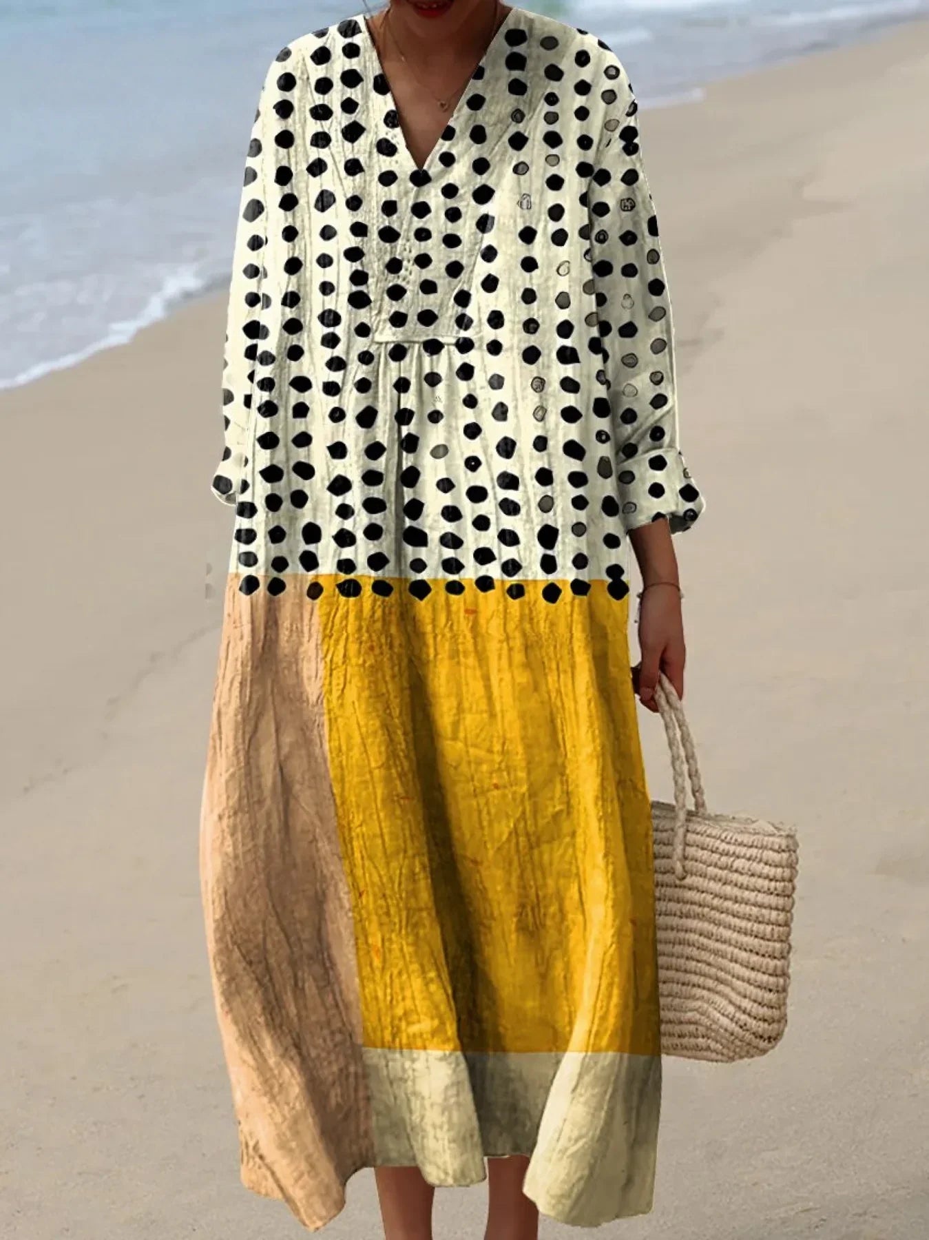 Vestido Flowy de Arte Acuarela con Puntos en Color Amarillo para Mujeres