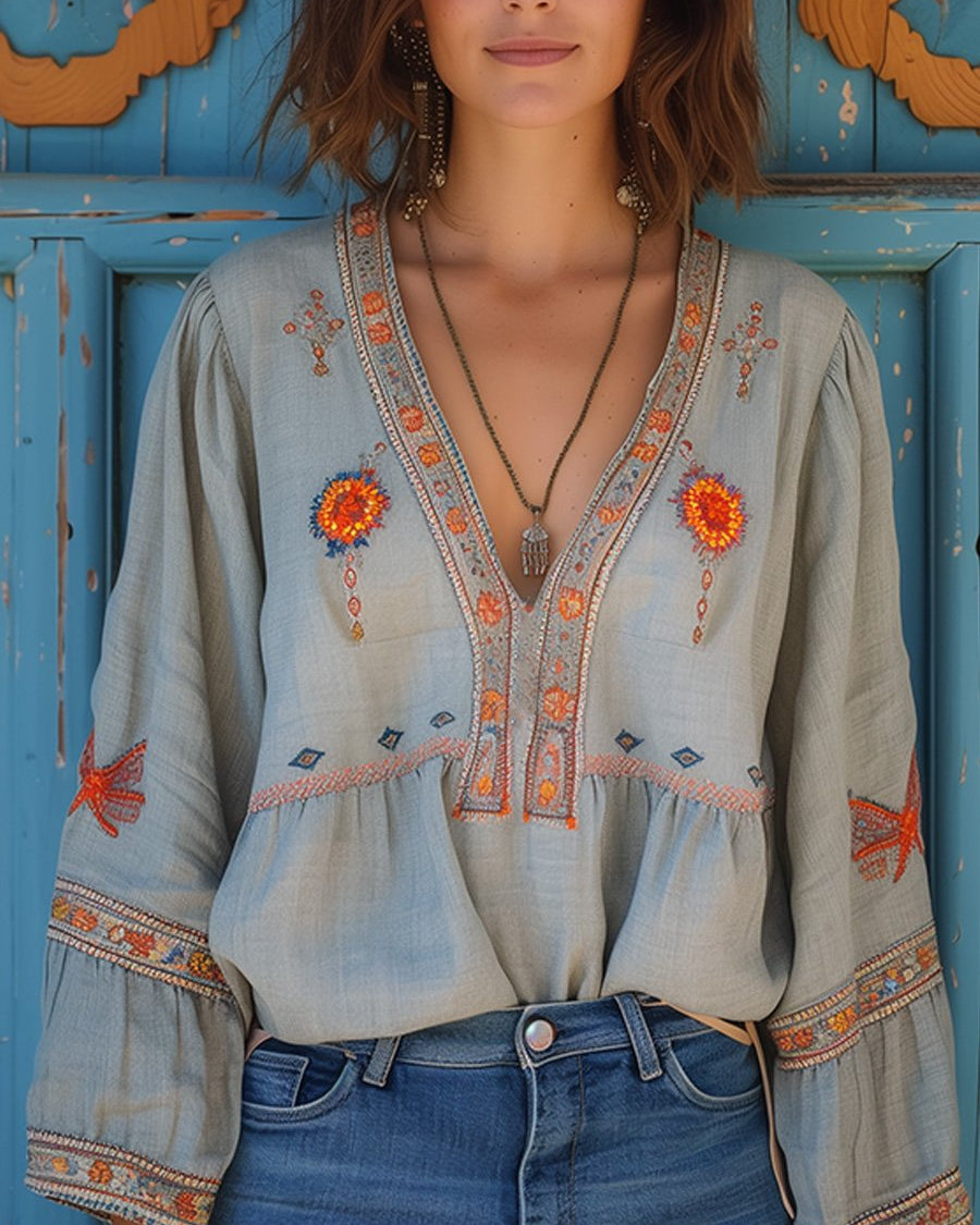 Elaria | Blusa para mujer con bordado y escote en V de estilo bohemio