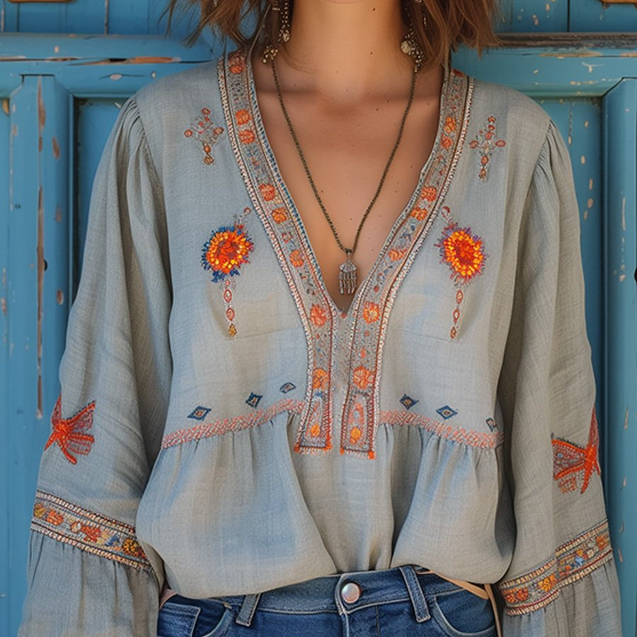 Elaria | Blusa para mujer con bordado y escote en V de estilo bohemio