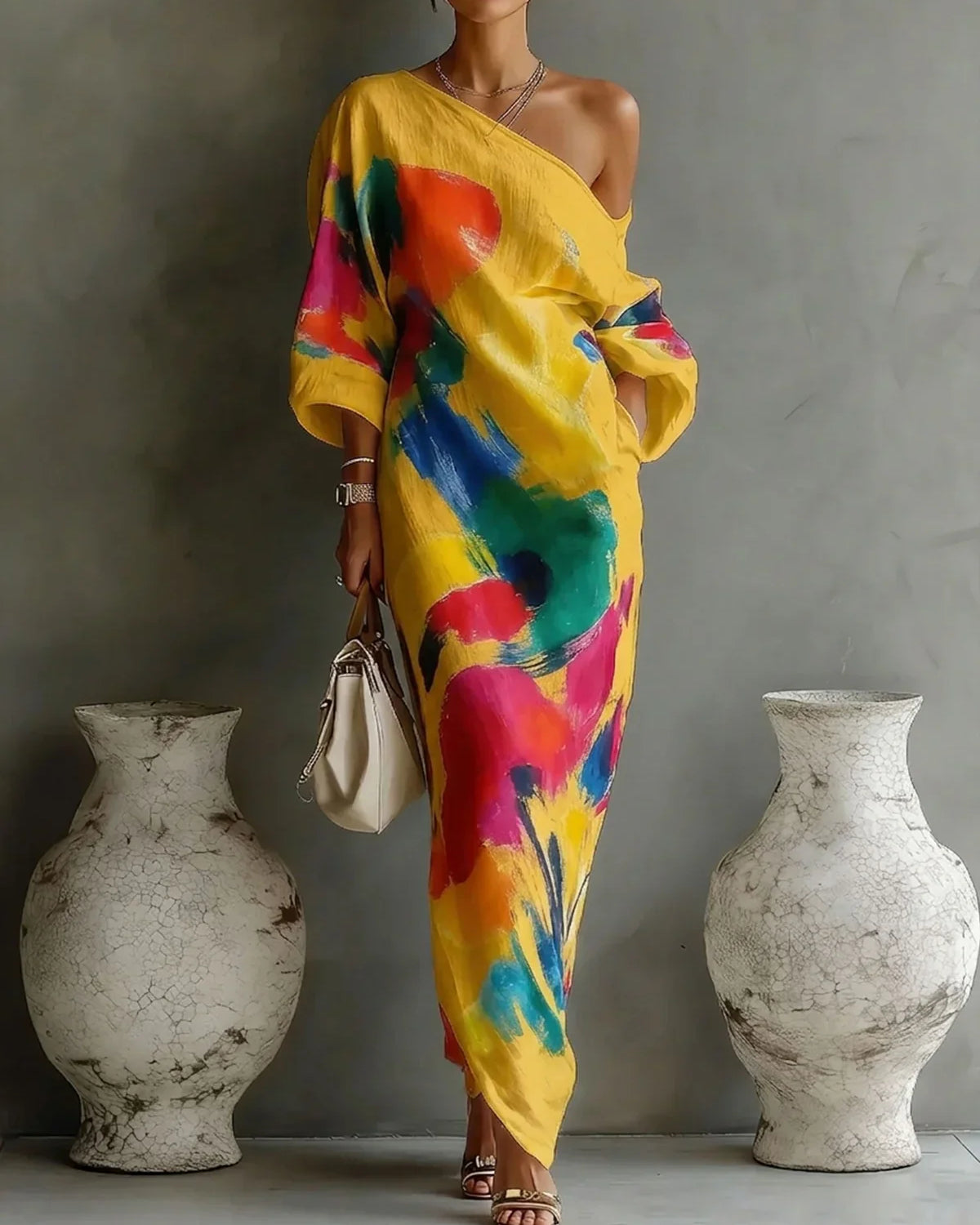 Vestido Maxi de Una Sola Manga con Estampado Artístico para Mujeres