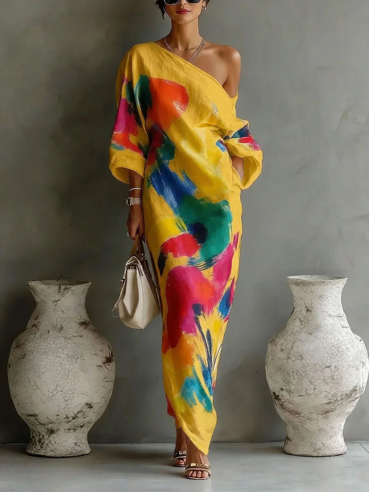 Vestido Maxi de Una Sola Manga con Estampado Artístico para Mujeres