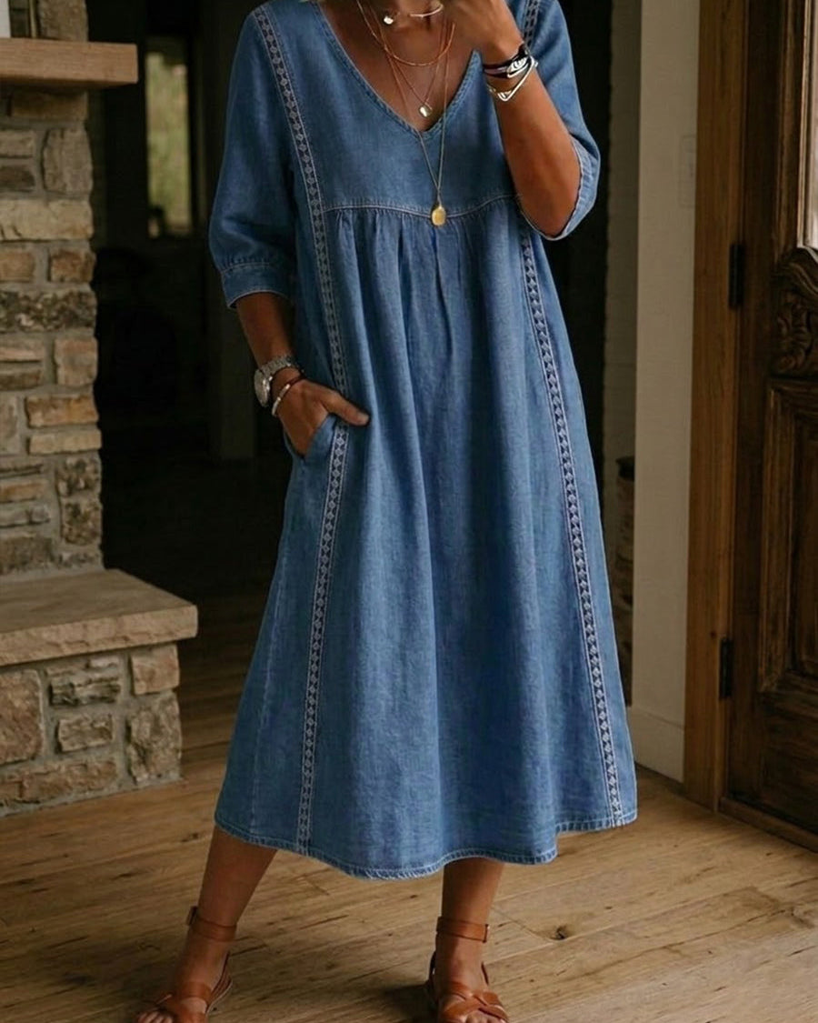 Vestido de Denim con Encaje para Mujeres – Vestido de Denim Vintage Casual de Corte Suelto