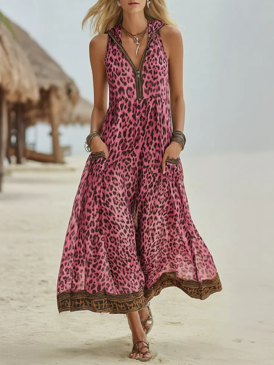 Vestido Midi Casual Retro de Leopardo Verde con Capucha para Mujeres