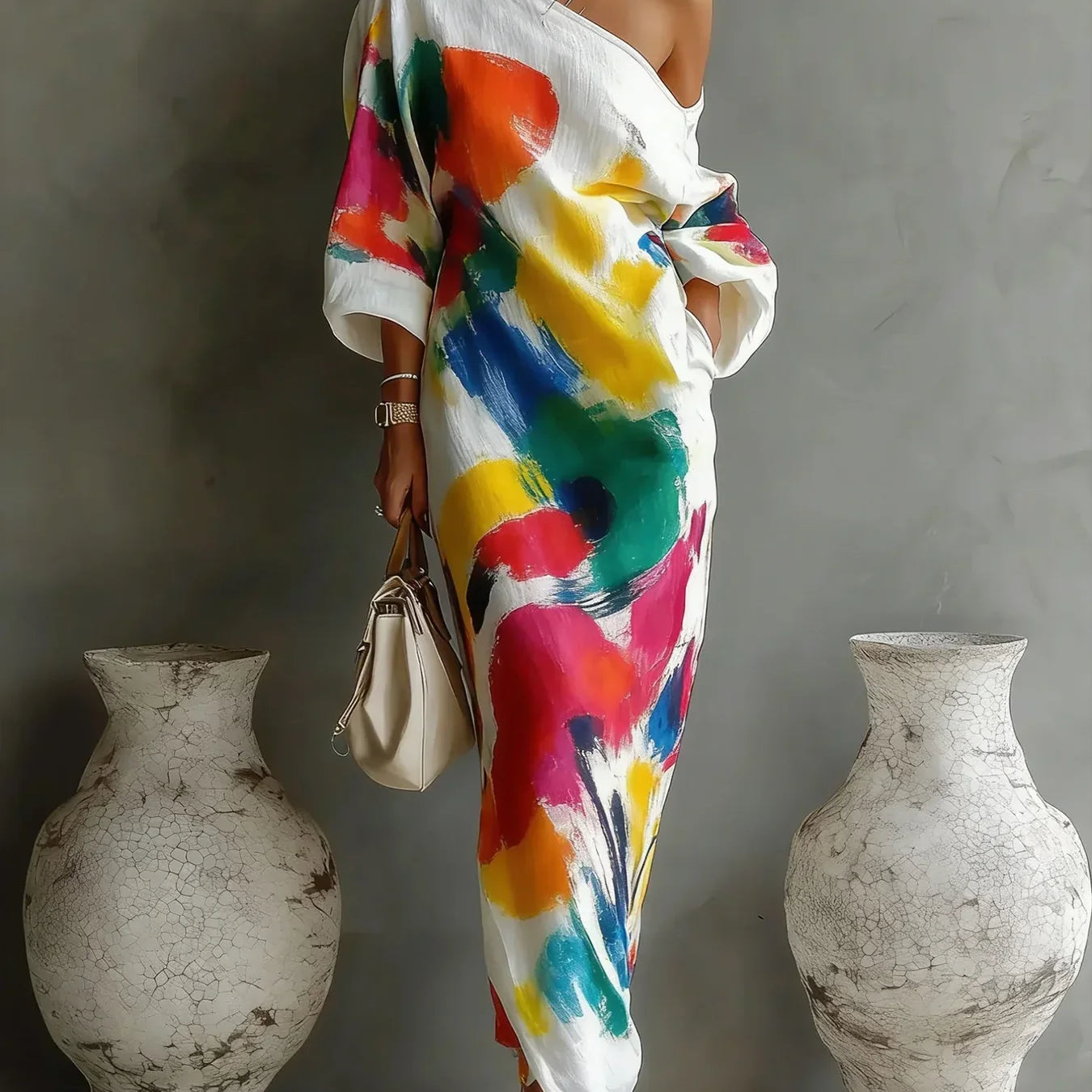 Vestido Maxi de Una Sola Manga con Estampado Artístico para Mujeres