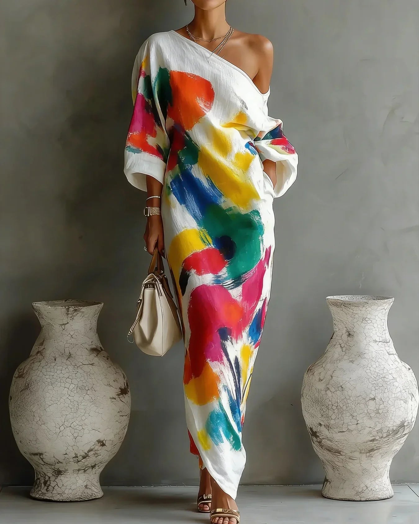 Vestido Maxi de Una Sola Manga con Estampado Artístico para Mujeres
