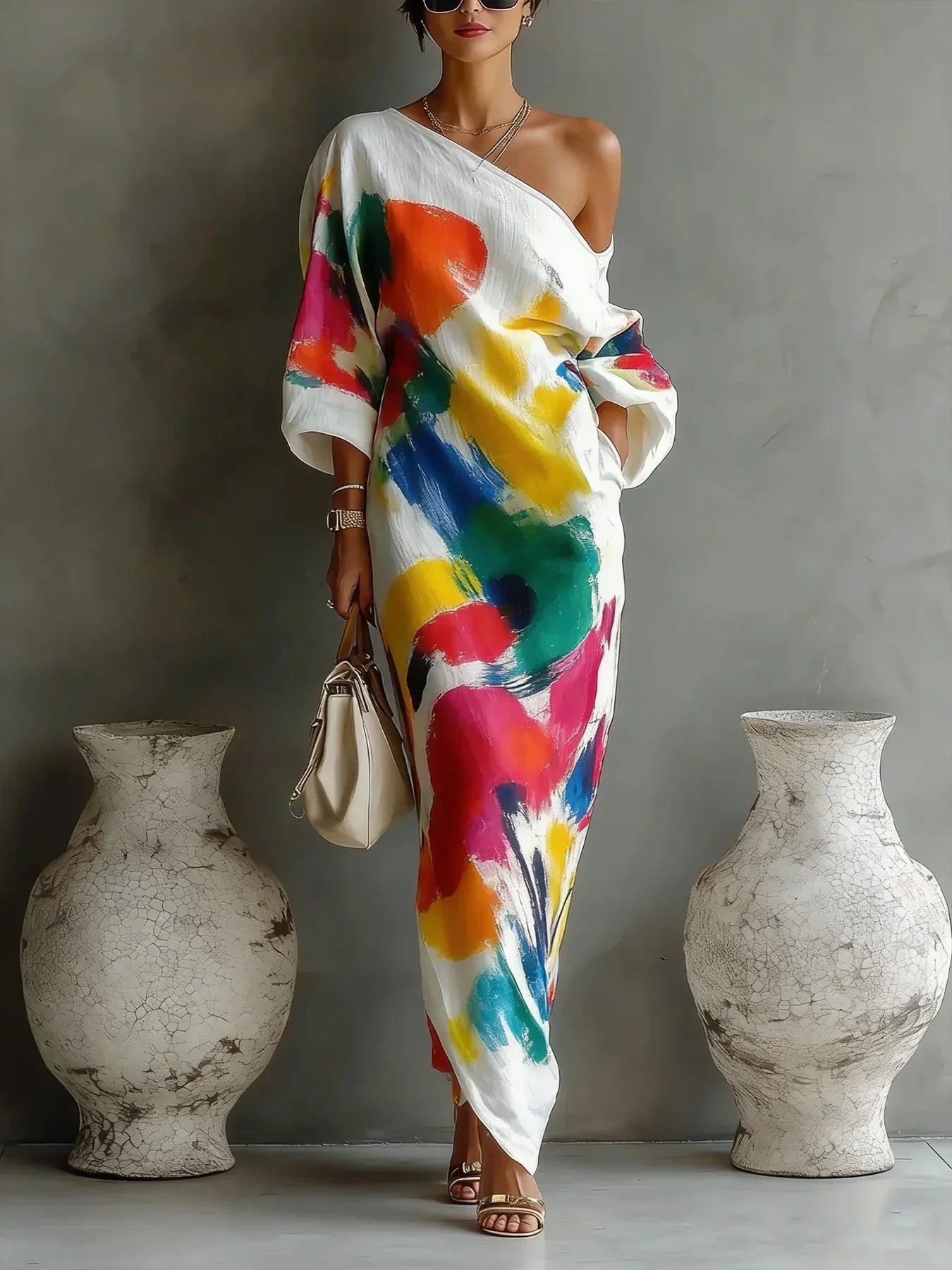 Vestido Maxi de Una Sola Manga con Estampado Artístico para Mujeres