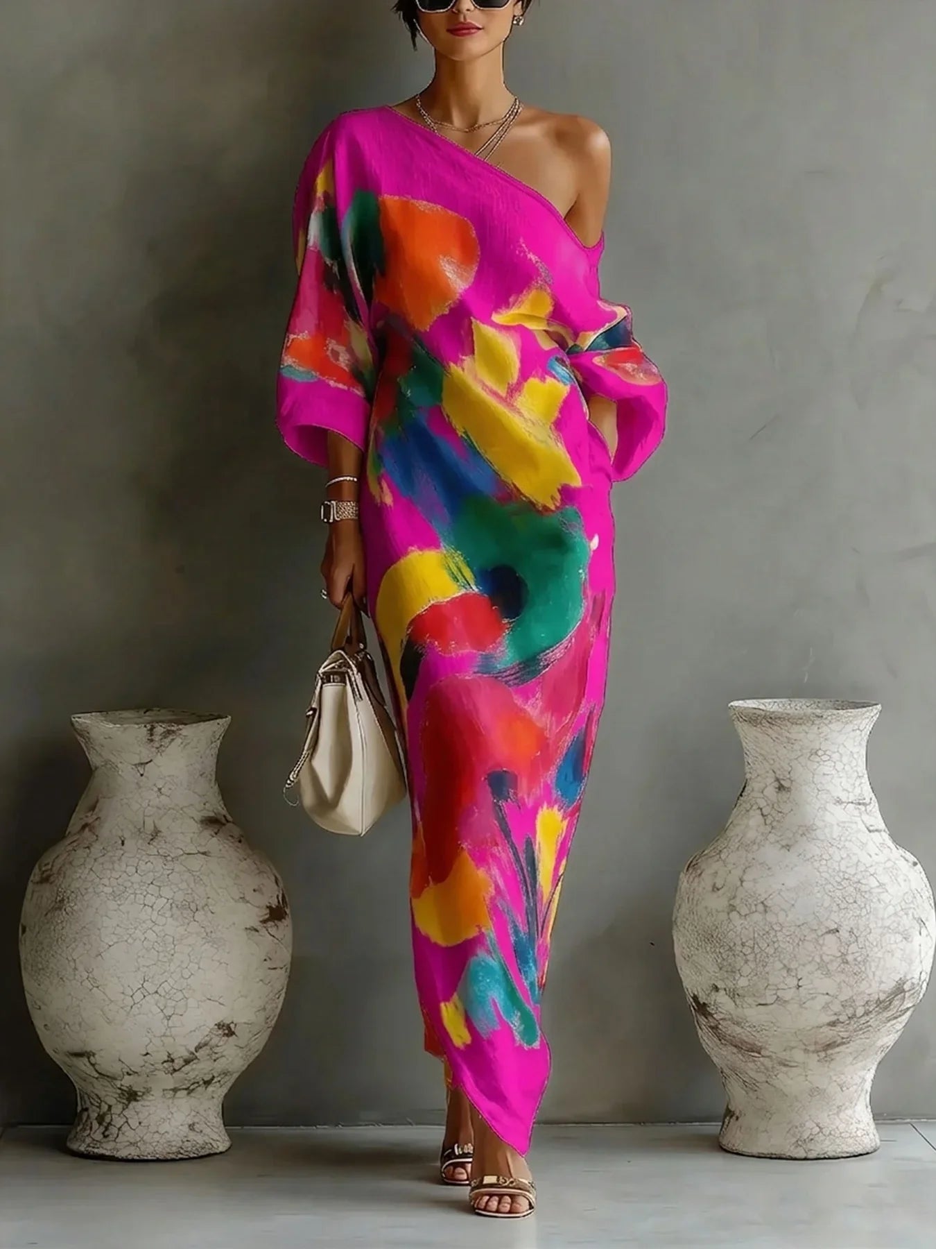 Vestido Maxi de Una Sola Manga con Estampado Artístico para Mujeres