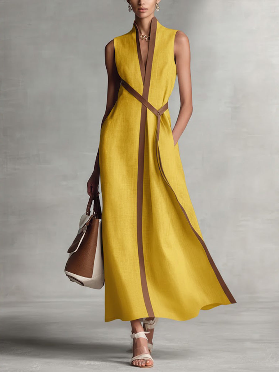 Vestido Midi de Lino con Cuello Alto