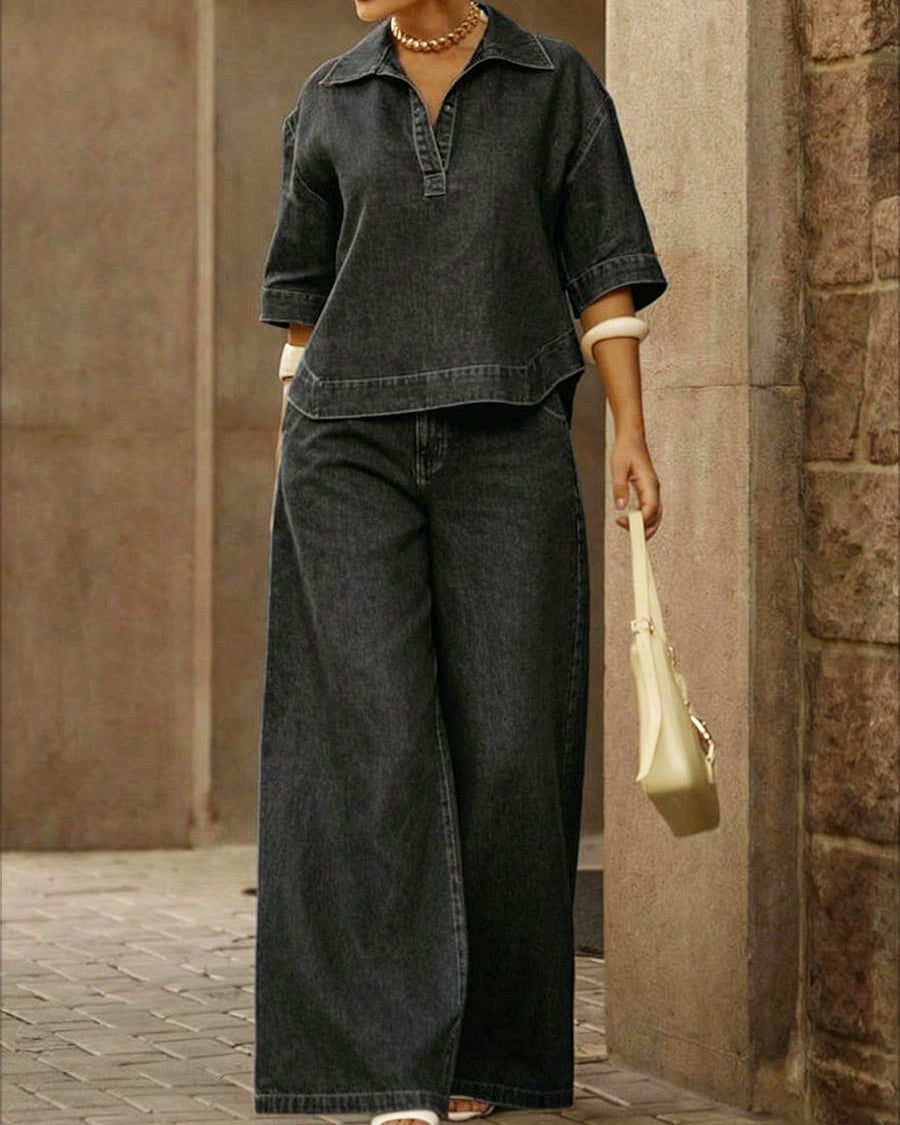 Conjunto de camiseta de mezclilla y pantalones anchos para mujer