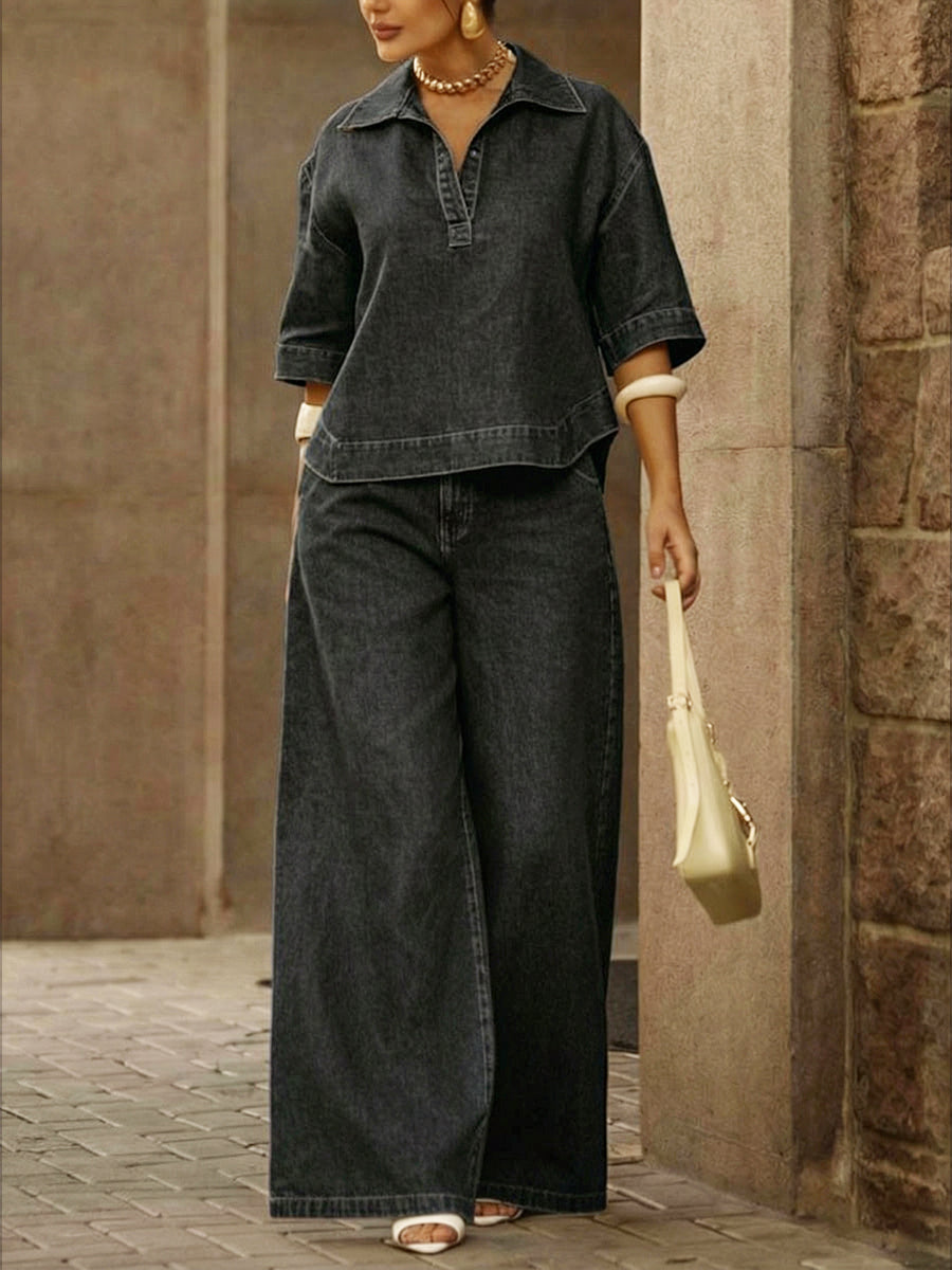 Conjunto de camiseta de mezclilla y pantalones anchos para mujer