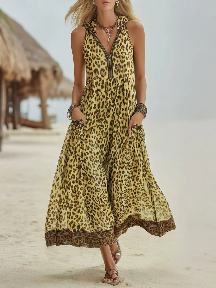 Vestido Midi Casual Retro de Leopardo Verde con Capucha para Mujeres
