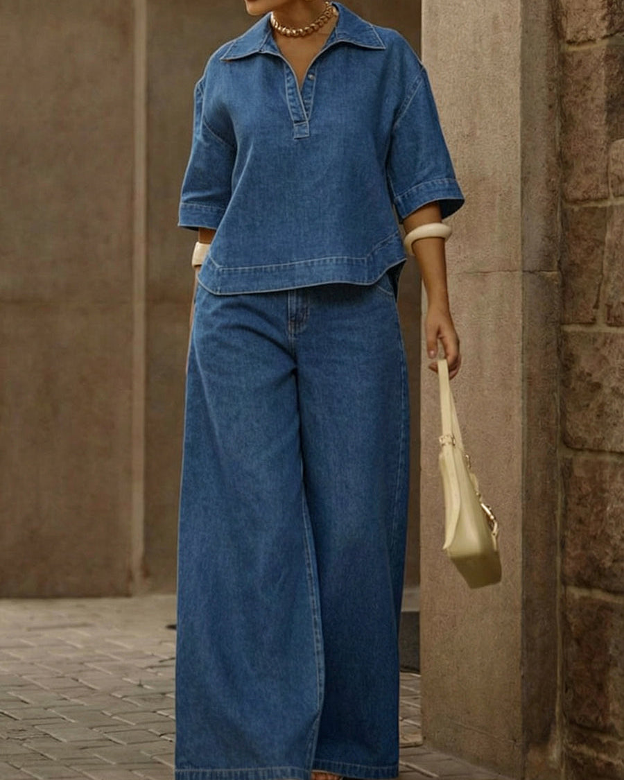 Conjunto de camiseta de mezclilla y pantalones anchos para mujer