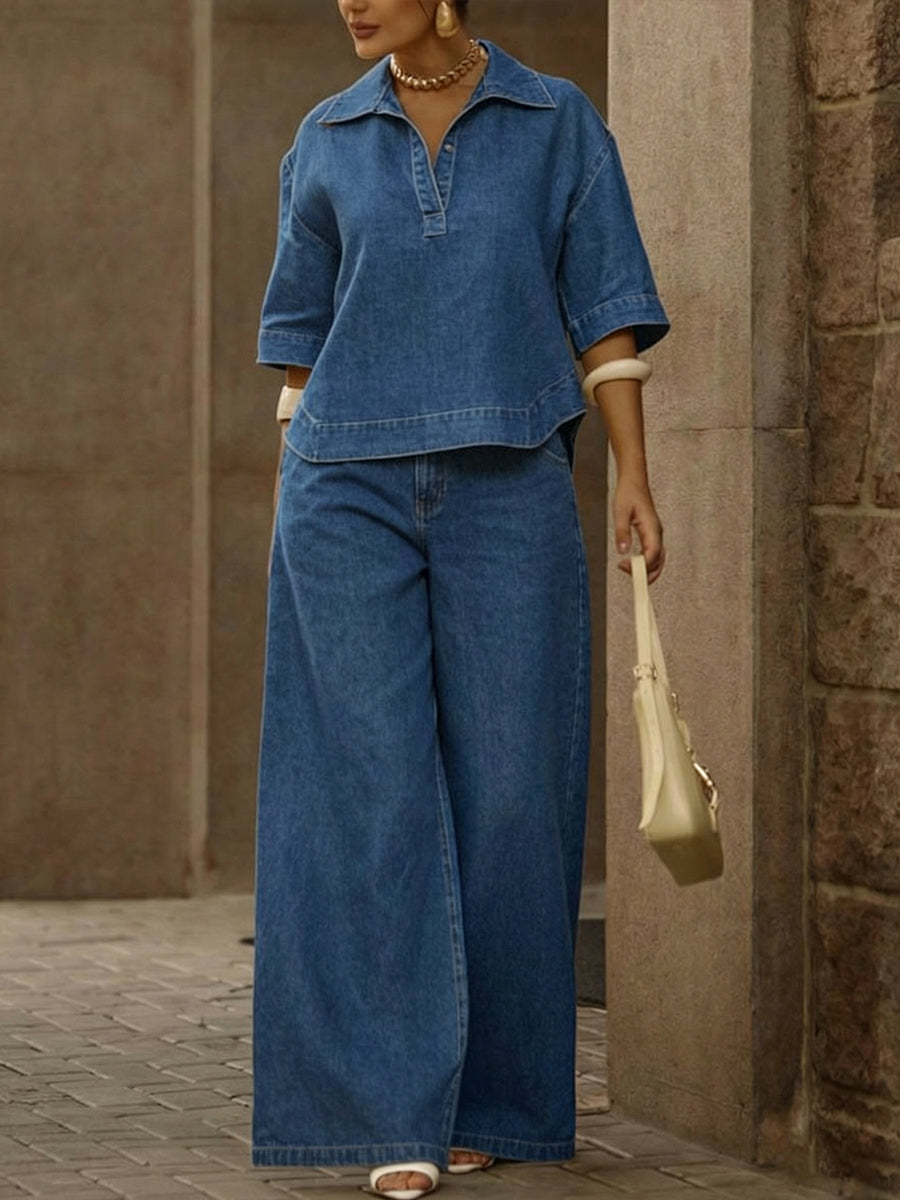 Conjunto de camiseta de mezclilla y pantalones anchos para mujer