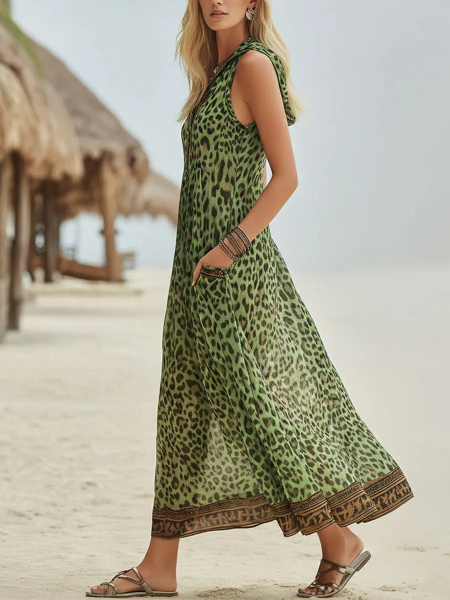 Vestido Midi Casual Retro de Leopardo Verde con Capucha para Mujeres