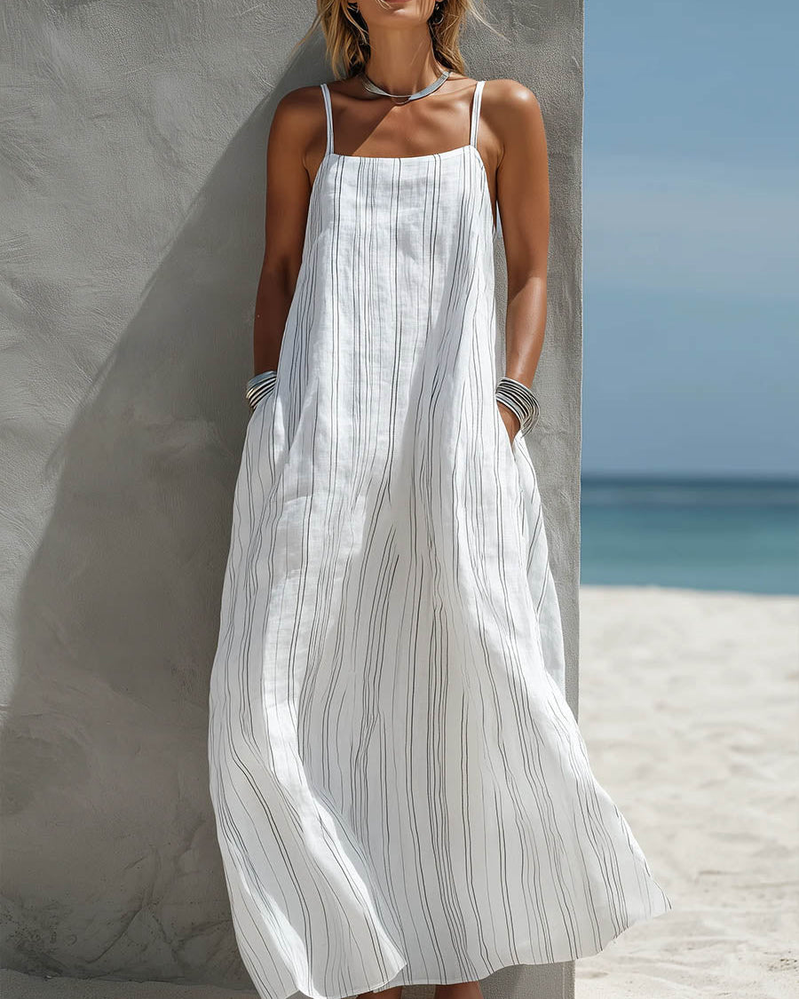 Vestido de Verano Casual de Algodón-Lino con Estampado a Rayas para Mujeres