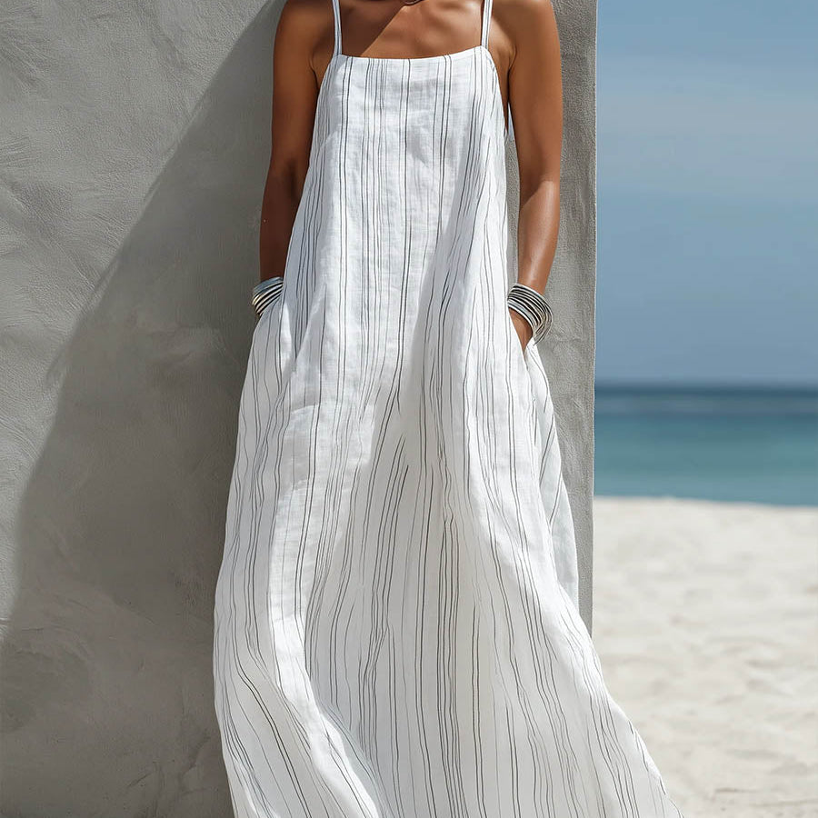 Vestido de Verano Casual de Algodón-Lino con Estampado a Rayas para Mujeres