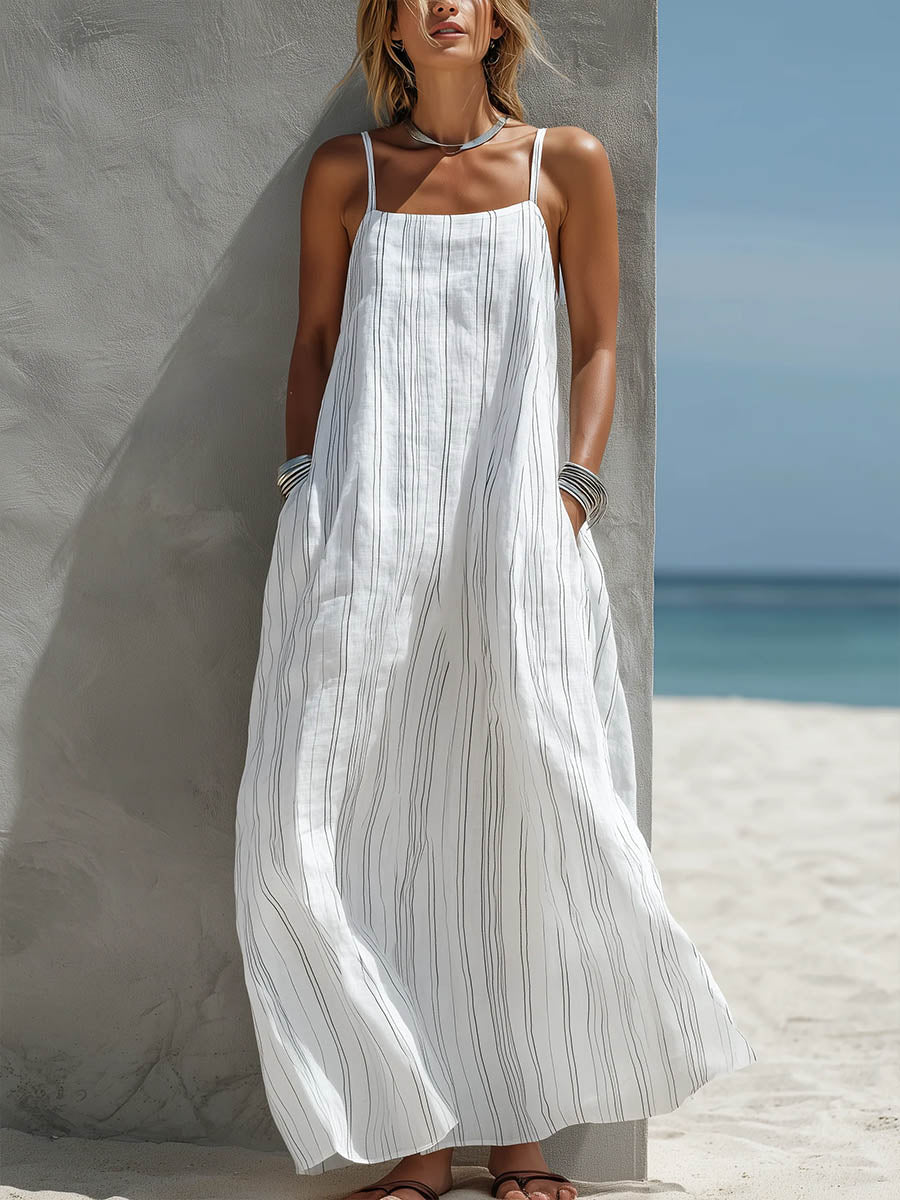 Vestido de Verano Casual de Algodón-Lino con Estampado a Rayas para Mujeres