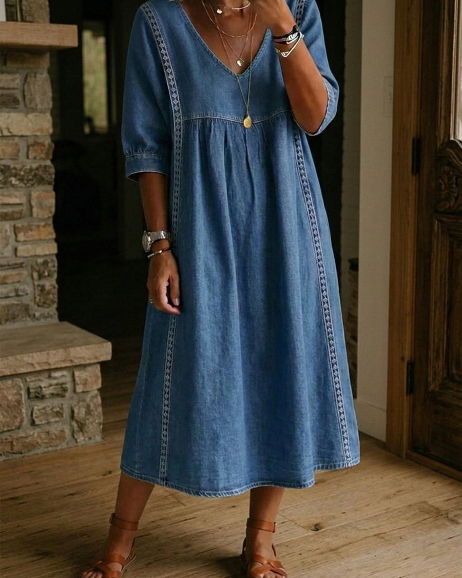 Vestido de Denim con Encaje para Mujeres – Vestido de Denim Vintage Casual de Corte Suelto