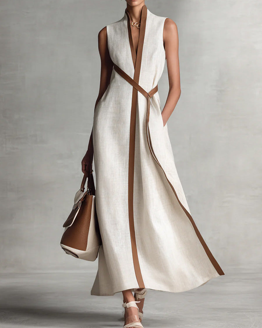 Vestido Midi de Lino con Cuello Alto