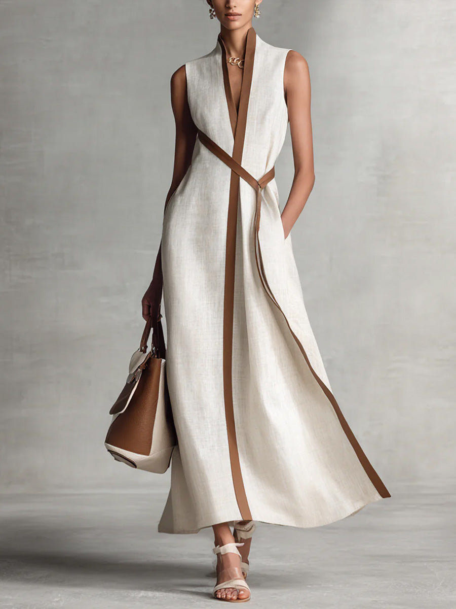 Vestido Midi de Lino con Cuello Alto