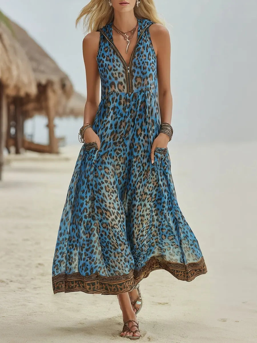Vestido Midi Casual Retro de Leopardo Verde con Capucha para Mujeres